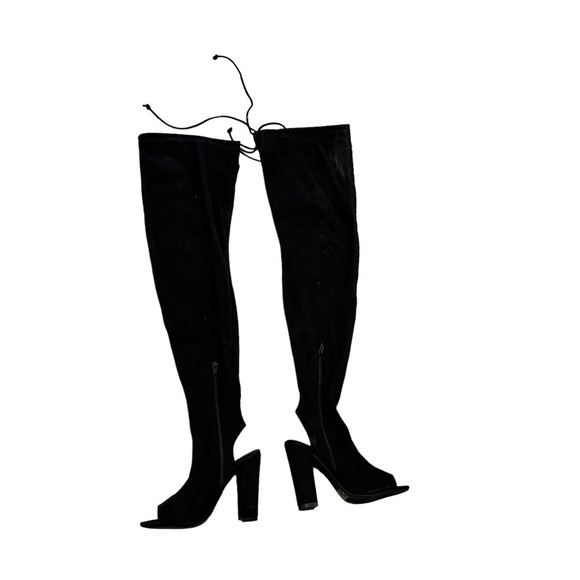 Liliana Thigh High Floral Embroidered Faux Suede 4.5” Heel Open Toe Heel Boots 8 - Picture 2 of 9